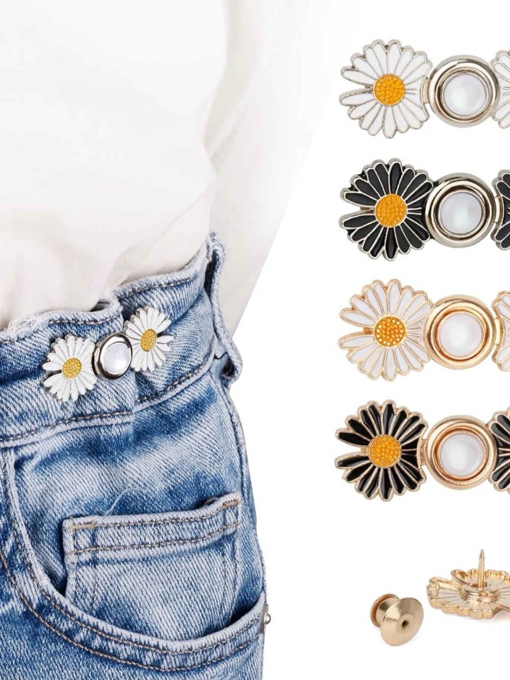 5for$10 Daisys Detachable Jean Buttons for Loose Jeans, Adjustable Buttons Pins